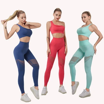 

One Shoulder Sports Bra Yoga Set Women Fitness Sport Mesh Workout Gym Set Clothing Crop Top High Waist Running Leggings Pants