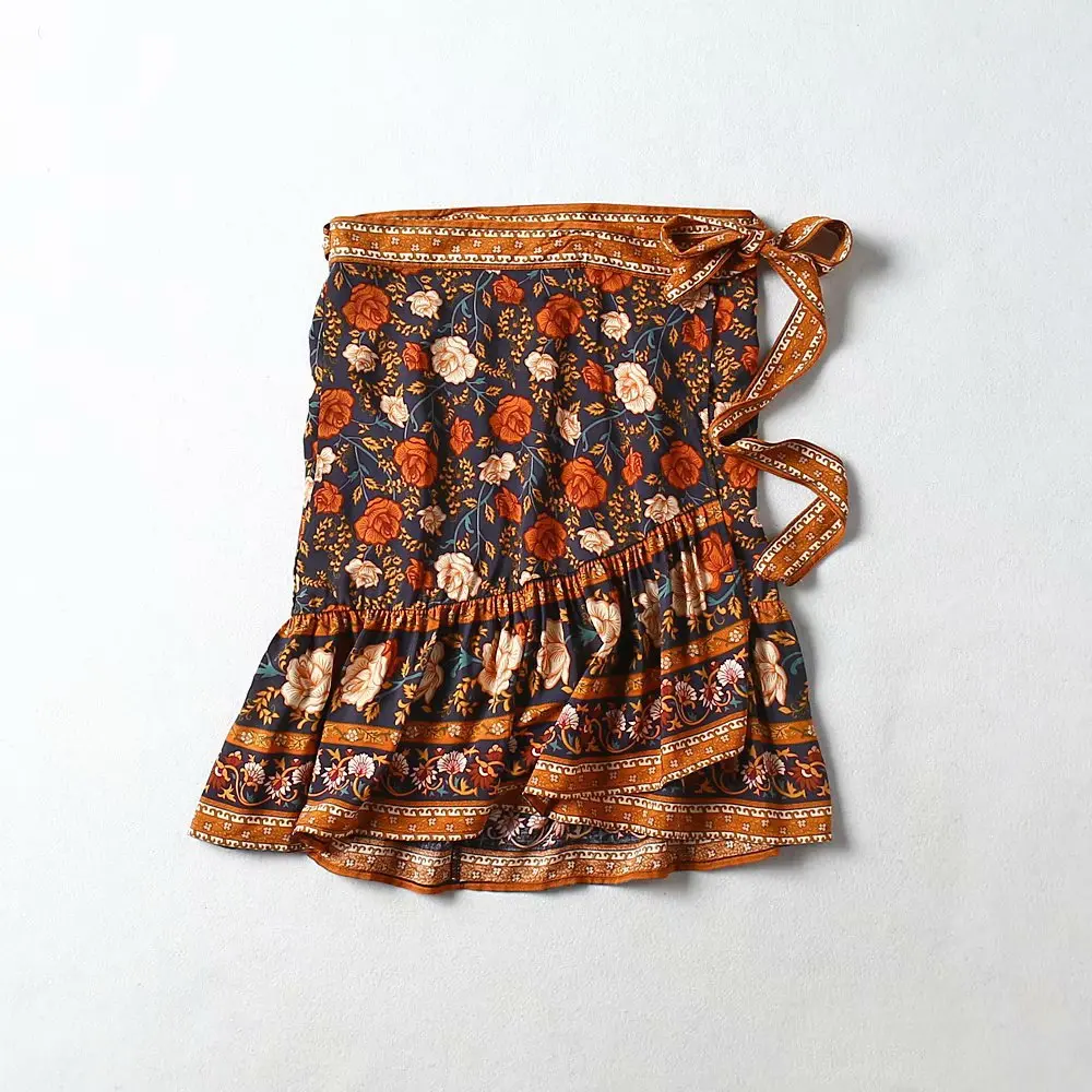 TEELYNN миди юбка для женщин Пляжная одежда коричневый цветочный принт осень весна юбка Цыганский шнурок талия трапециевидная юбка в стиле бохо Falda