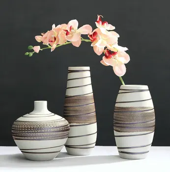 

Simple Retro Ceramic Vase Three-Piece Set Ceramic Crafts Ornament Living Room Desktop Flower Arrangement Flower Holder