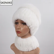 2 Pieces Real Rex Rabbit Fur Hat Scarf Knitted Real Rabbit Fur Cap Scarves For Women Winter Luxury Warm Top Fox Fur Hats Muffler