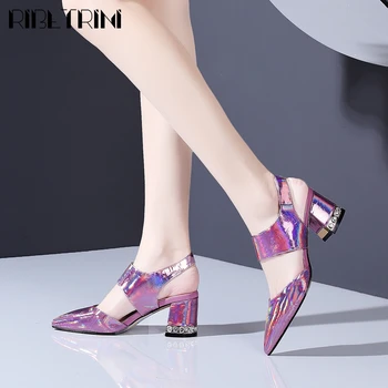 

RIBETRINI Female Metallic Pointed Toe Hook Loop High Heels Shoes Fashion Summer Women Sandals Party Casual Sandals