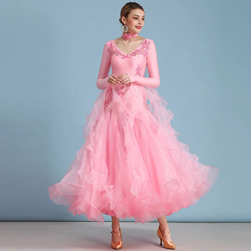 Pink Ballroom Dress Long Sleeves Waltz Dresses For Ballroom Dancing