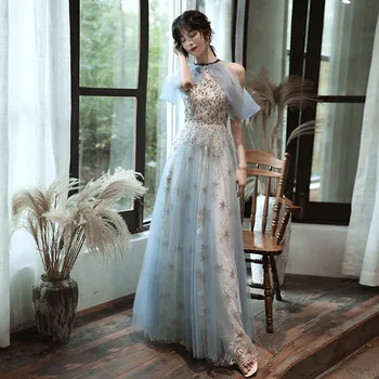 

Custom Elegant Evening Dresses ES3221 Halter-Neck Floral Beaded Sleeveless Tulle Long Prom Party Gowns Lange Jurk