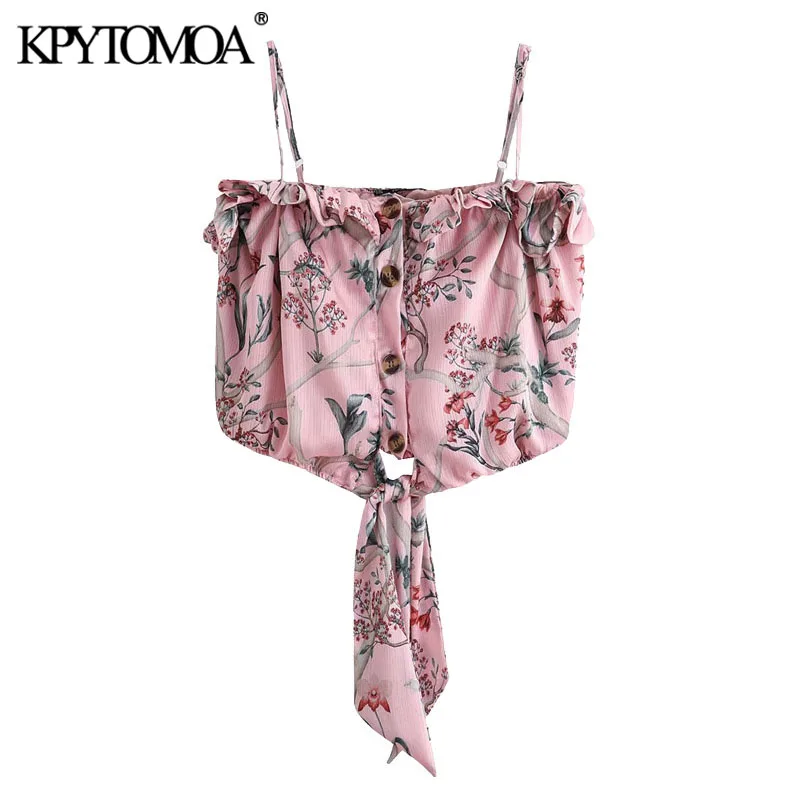 KPYTOMOA Women 2020 Sexy Fashion Floral Print Ruffled Cropped Blouses Vintage Bow Tied Thin Straps Female Shirts Blusa Chic Tops KPYTOMOA Women 2020 Sexy Fashion Floral Print Ruffled Cropped Blouses Vintage Bow Tied Thin Straps Female Shirts Blusa Chic Tops