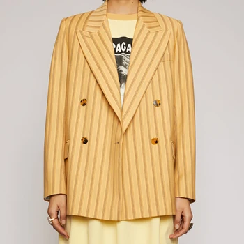 

Yellow Womens Stripes Blazer Coat 2020 New Early Autumn Office Wear Business Lady Jacket Double Breasted Loose Suit Outwear Top