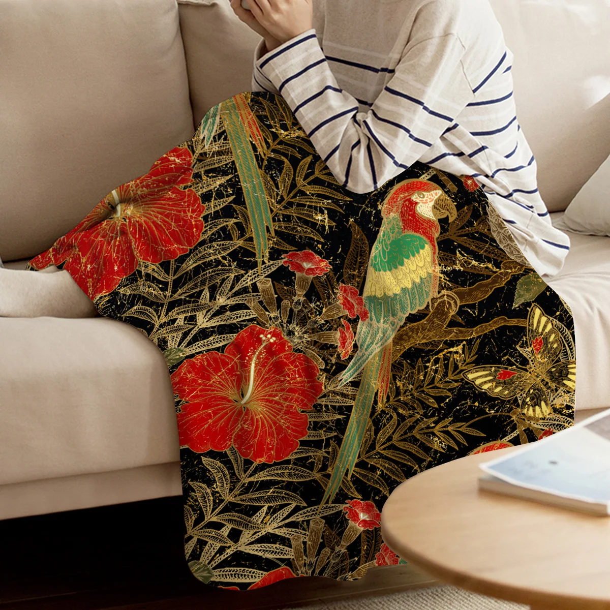 Flower Tropical Plant Parrot Texture Printed Flannel Blanket Soft Throw Blanket Machine Washable