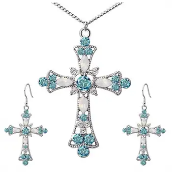 

Statement Necklace for Women Choker Jesus Flower Christian Religion Jewelry Crystal Cross Pendant Necklaces Earrings Sets