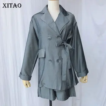 

XITAO Thin Slim Two Piece Set Korea Fashion Pleated Turn Down Collar Bow Double Breasted Top Women Elastic Waist Shorts GCC126