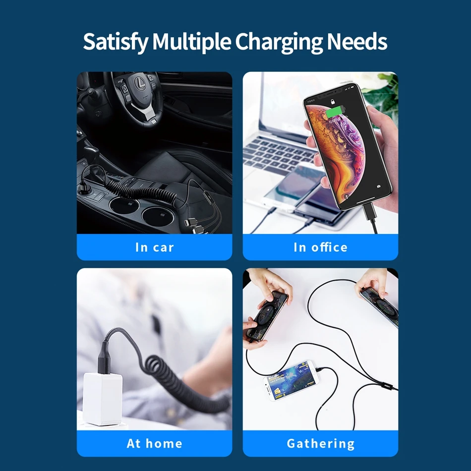 ROCK 3 in 1 USB Cable Fast Charging Retractable Spring Cable Microusb TypeC Charger Cable for iPhone Xiaomi Samsung Cable Wire
