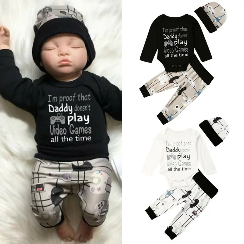 

Newborn Baby Boy Long Sleeve Romper Bodysuit Leggings Pants Hat 3PCS Clothes Set
