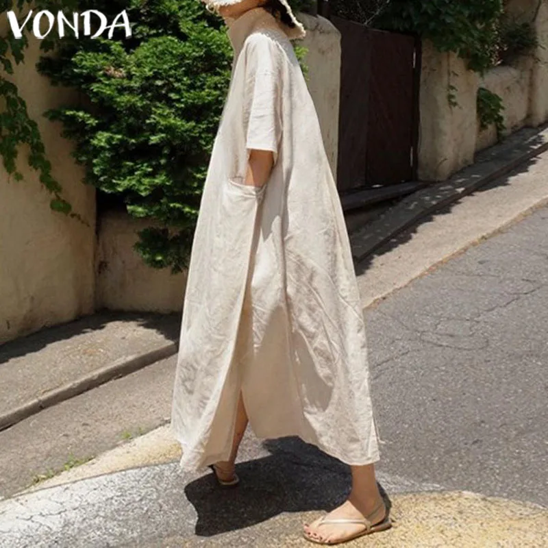VONDA, женские хлопковые платья размера плюс, для вечеринки, Vestidos, повседневные, половина рукава, с отворотом, v-образный вырез, женское платье, 5XL, сарафан, Femme