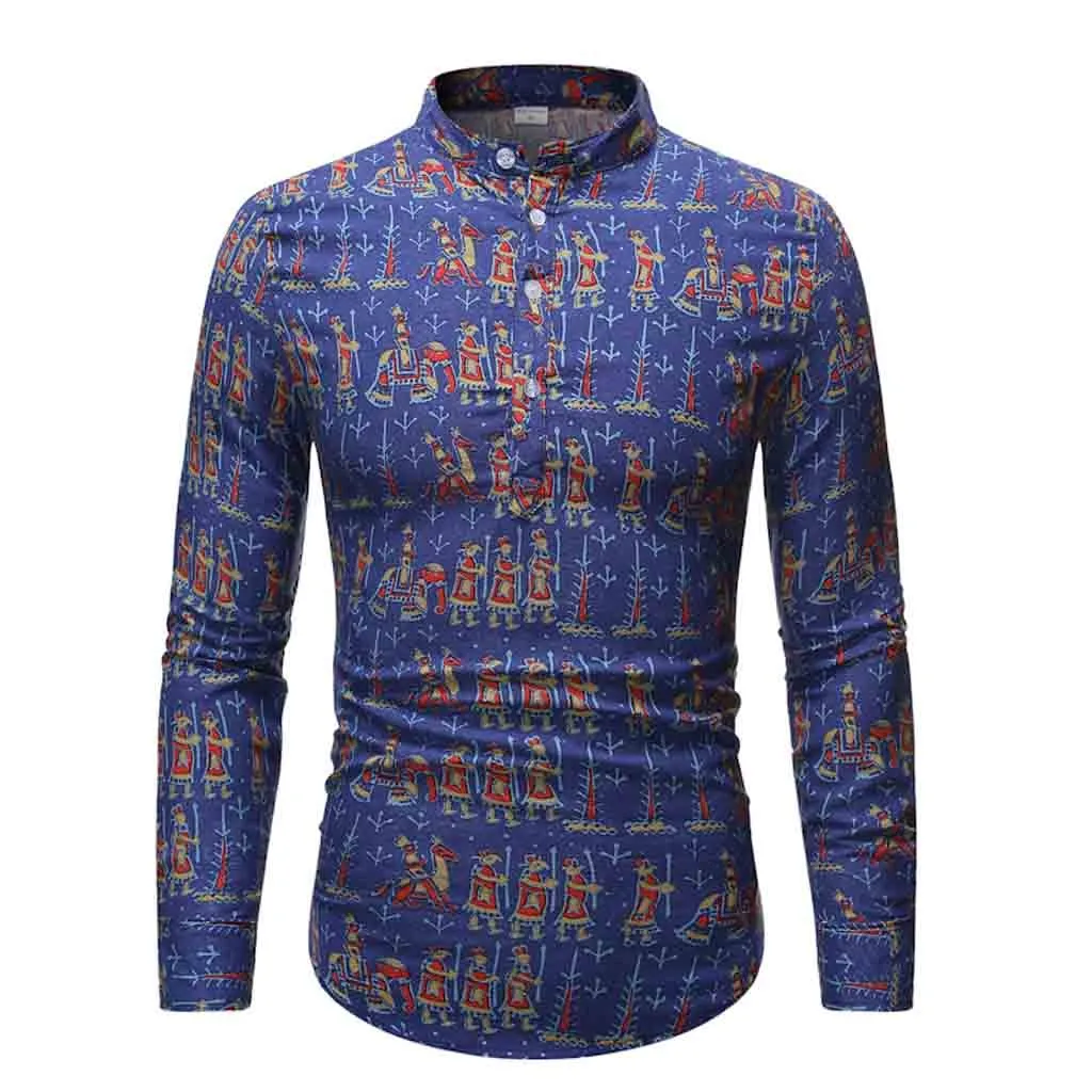 Blue KANCOOLD, мужская повседневная рубашка, этническая, с длинным рукавом, мужская рубашка, повседневная, однобортная, хлопок, лен, с принтом, гавайская рубашка, блузка, D19 - Цвет: Blue