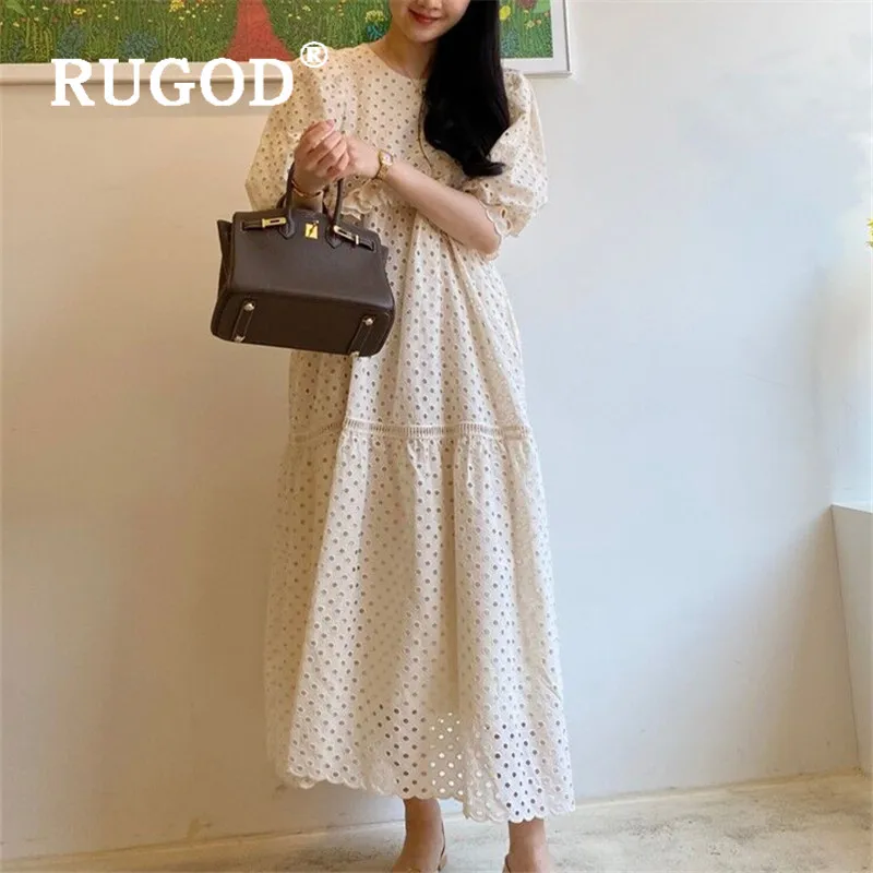 Vintage Hollow Out Ruffles Sweet Chic Puff Sleeve Dress for Laides Elegant Party Straight Blocking Summer 2020 New | Женская одежда