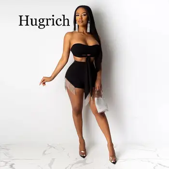 

2020 Sexy Sequin Tassel 2 Piece Set Women Matching Clothes Off Shoulder Crop Top and Shorts Suit Two Piece Party Club Outfits