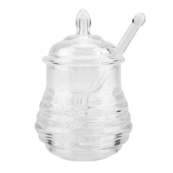 

Transparent glass honey jar with lid Honey Jar with Dipper, Clear,245ml