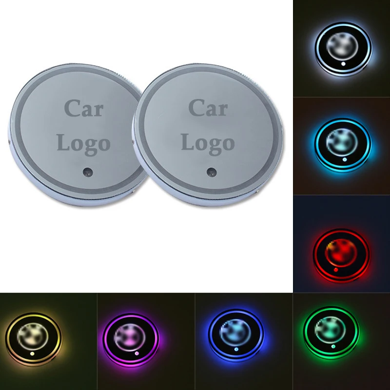 

2 Pieces 7 Colors Car Logo LED Cup Holder Pads Light Atmosphere Light LED Mats Bottle Coasters USB Charging Interior Lights