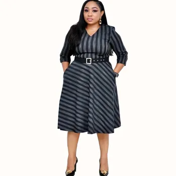 

Womens Autumn Long Sleeve Fall OL Dress V-neck Introverted Striped High Waist A-line Plus Size Dress with Belt and Pockets