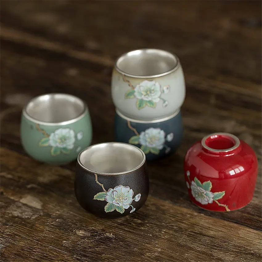 

Ceramic Teacup Sterling Silver 999 Genuine Kung Fu Handmade Liner Silvering Teacup Single Cup Home Green Tea Decor Collection