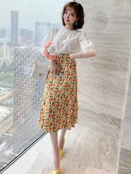 

Stylish Cutout Embroidered Lace Court Sleeve Top + Floral Lotus Leaf Skirt Suit, Female Fashion Summer New Style