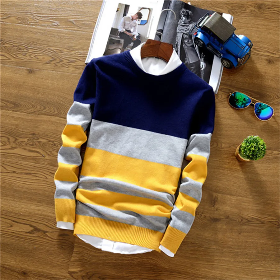 Модный брендовый полосатый хлопковый тонкий мужской пуловер, свитера, повседневный вязаный полосатый вязаный свитер, Мужской пуловер, одежда
