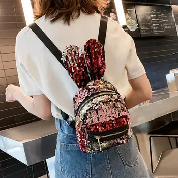 

3pcs Women Sequins Backpack Rabbit Ears School Bookbag Multi-pocket Zipper Heart Shoulder Bags for Vacation and Travel