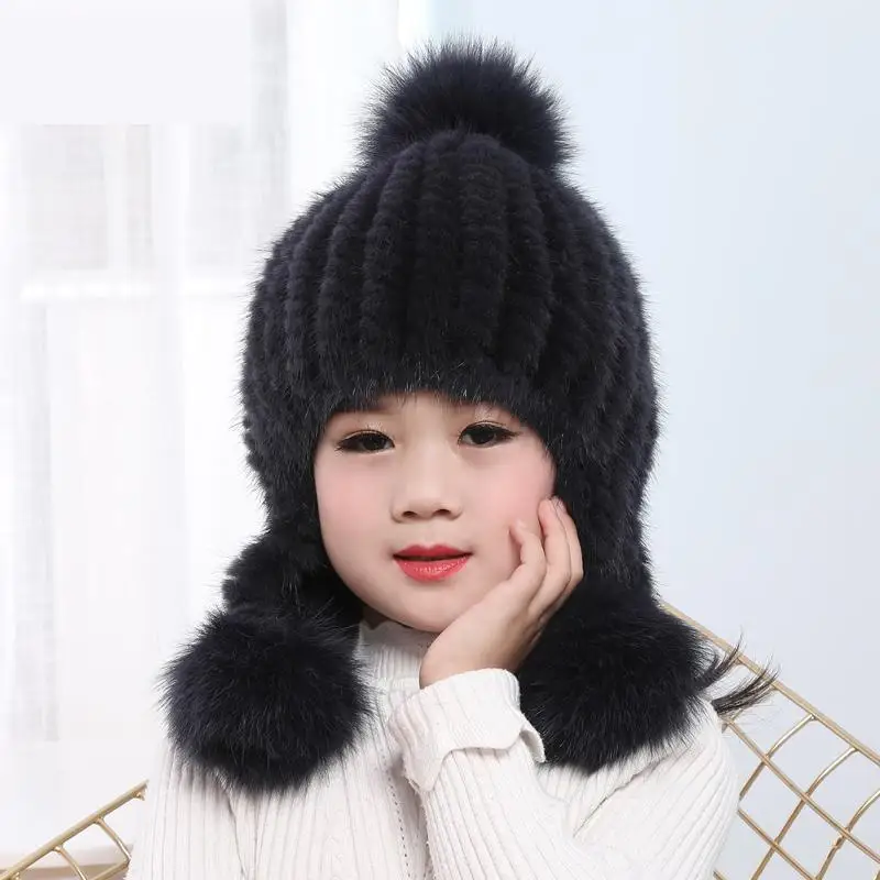 Детская зимняя шапка с водным мехом для мальчиков и девочек, защита ушей, зимняя меховая Корейская версия, Толстая теплая Милая меховая шапка - Цвет: Синий