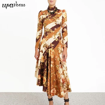 

2019 Autumn New Fashion Women'S Sexy Tight-Fitting Print High Collar Pleated Dress Long-Sleeved High Waist Color Dress Female