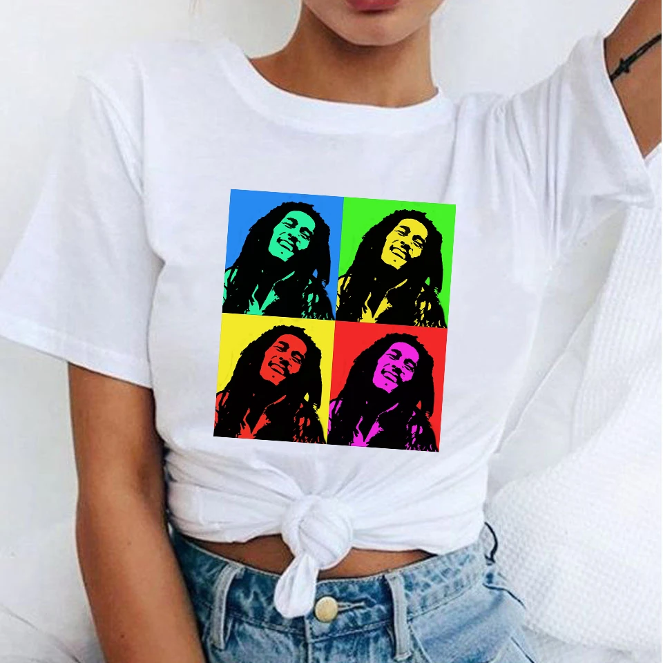 탑 여성 Bob Marley 패션 티셔츠 프린트 캐주얼 라운드 넥 그래픽 반팔 티셔츠 여름 탑스 하라주쿠 셔츠