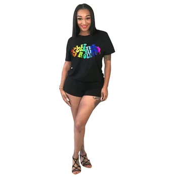 

Summer Autumn Women Two Piece Set Top and Pants Plus Size Tracksuit Sweatsuit Outfit Rainbow Letter Print T Shirt Shorts Sets