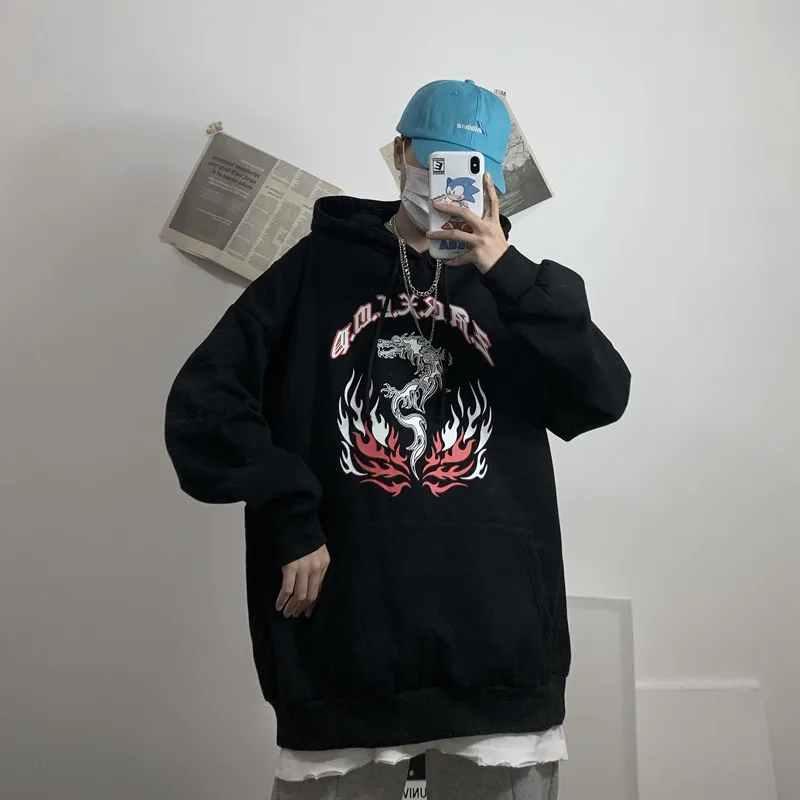 Qlychee Flame Dragon Women Fleece Hooded Sweatshirts Casual Loose Pocket Female Hoodies Spring Autumn Winter Lady Tops Pullovers | Женская