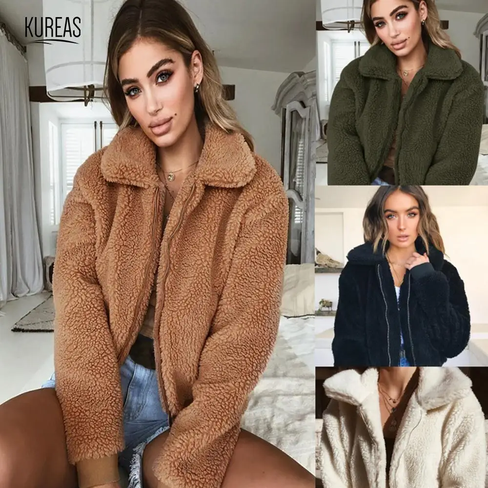 

Kureas Zip Up Teddy Jacket Women's Winter Jacket Warm Fleece Teddy Coats Autumn Fluffy Casual Outwear