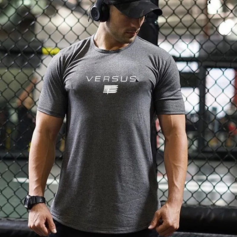 Дизайн VERSUS Muscle fitness Мужская футболка для бодибилдинга Спортивная футболка с круглым вырезом и короткими рукавами для бега