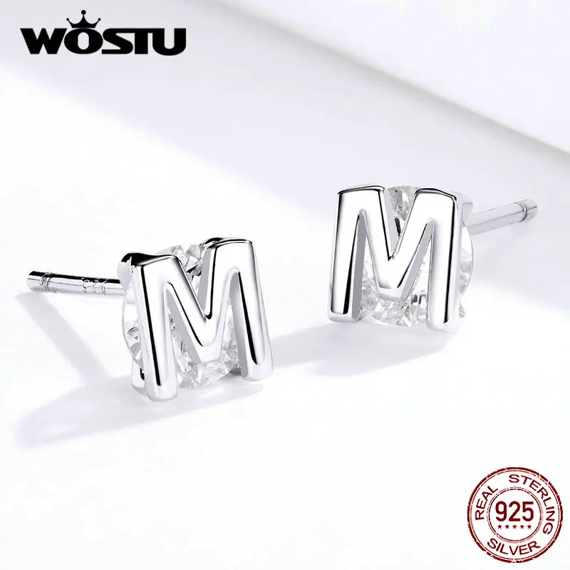 WOSTU настоящие 925 пробы серебряные серьги-гвоздики с алфавитом м модные буквы циркония маленькие серьги для женщин ювелирные изделия FIE739
