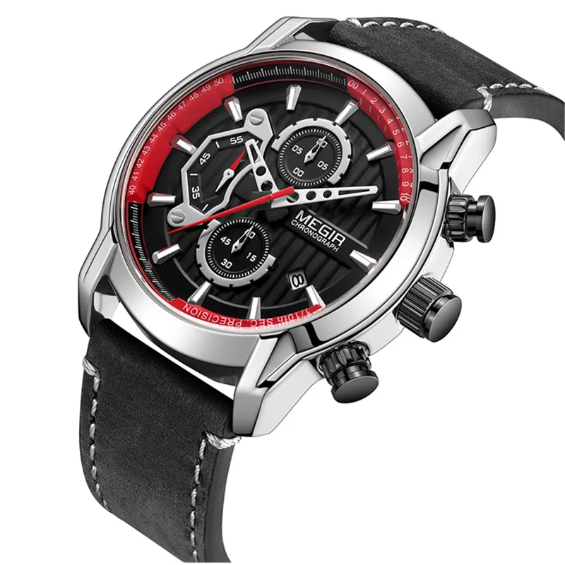 Gorben Blue/Black/Silver Leather Strap Luxury Casual Quartz Watches Men Clock Quartz Wrist Watch Business Male Wrist Watch