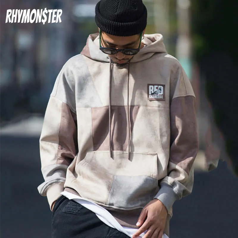 RHYMONSTER x красно-Угольная замшевая Лоскутная мешковатая толстовка с капюшоном |