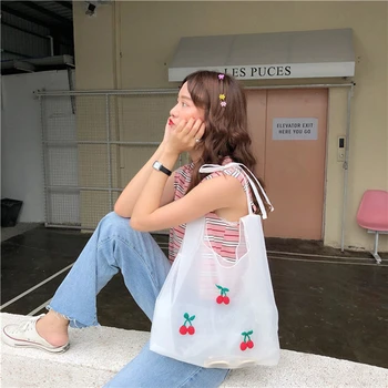 

Cherry Embroidery Shopping Bag Eco-friendly Reusable Portable Shoulder Handbag For Travel Grocery Fashion Pocket Tote Bags
