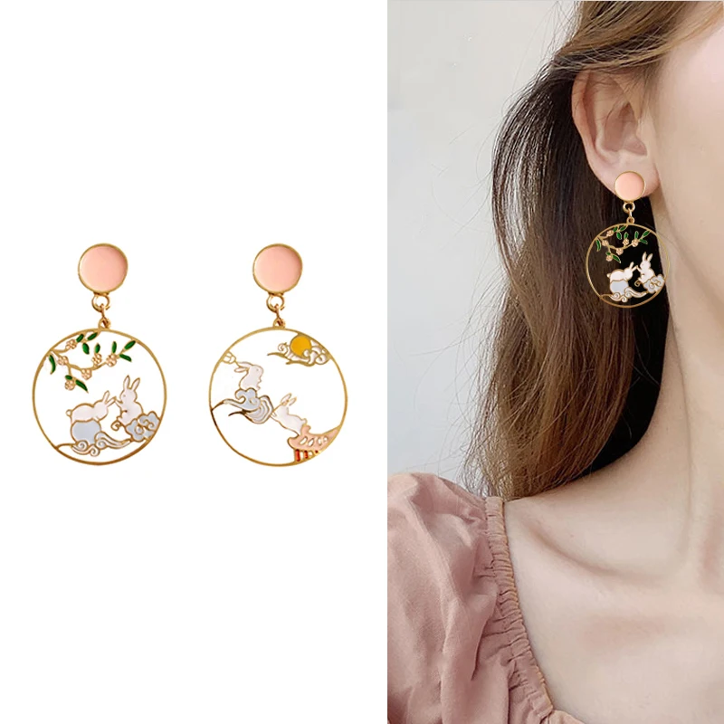 Japanese Heng Feng Clip On Earrings Asymmetrical Rabbit Crane Mountain Clip on Earrings Without Piercing for Girls Women