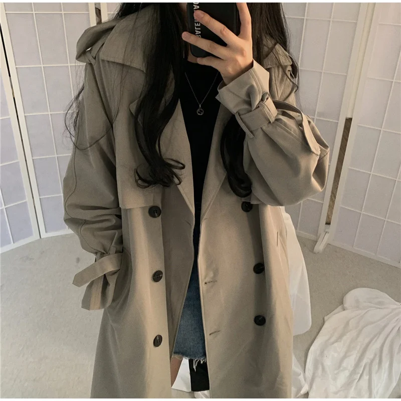 Women Trench Double Breasted Long Style Coats Korean Turn Down Collar Belt Long Female Windbreaker Casual Ladies Autumn Overcoat