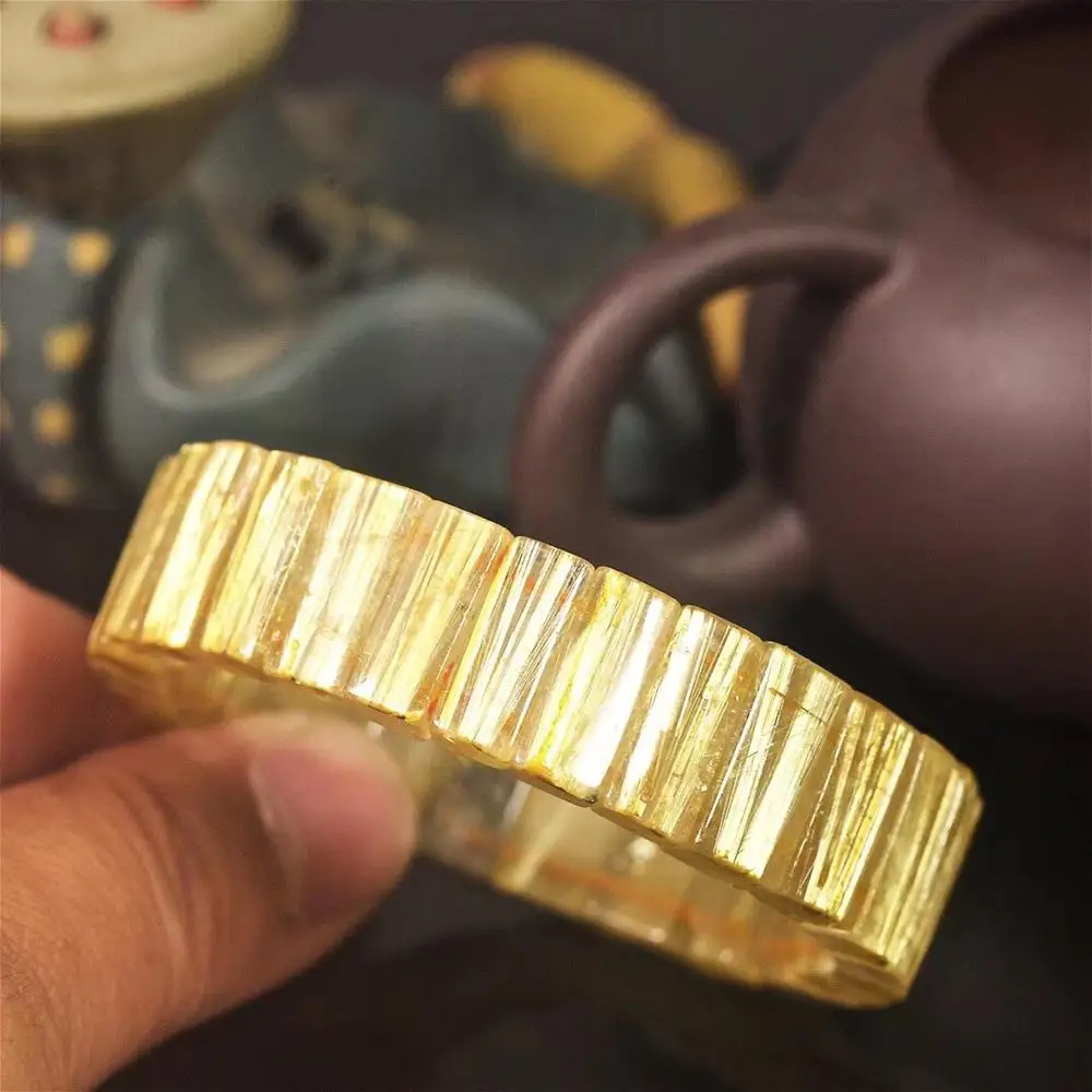 

17x6mm Natural Brazil Gold Rutilated Titanium Bangle Bracelet Jewelry For Women Men Rectangle Beads Stretch Bracelet AAAAA
