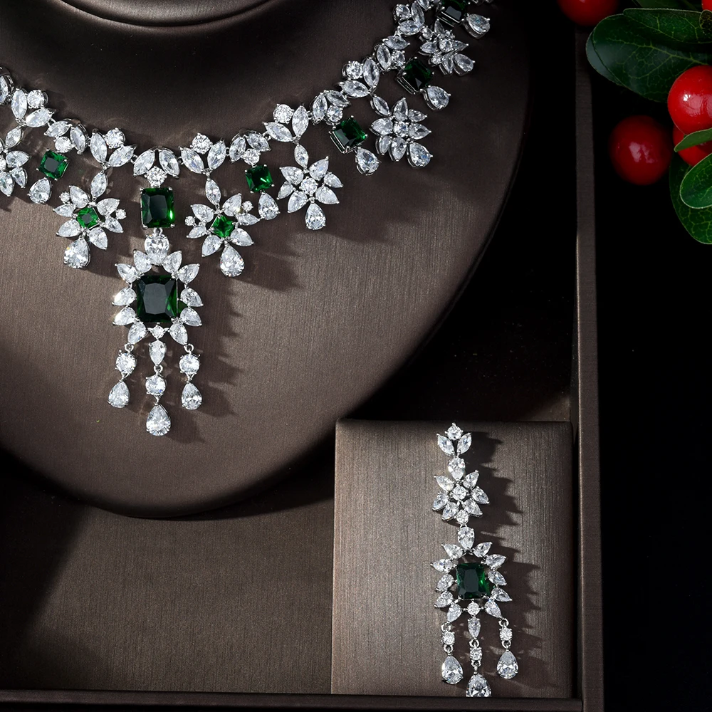 HIBRIDE New Arrival Cubic Zircon Wedding Jewelry Sets Green Color Square Shape Women Party Accessories pendientes mujer N-277 - Image 3