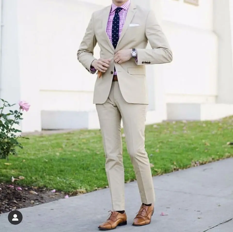 Bergaya Kasual Beige Pria Jas Slim Fit 