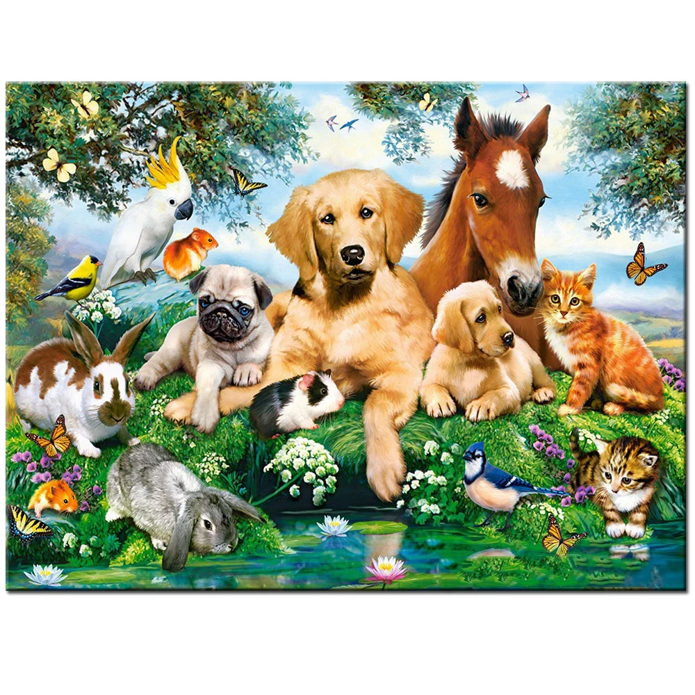 horse dog cat parrot birds full square round 5d diy Diamond Painting cross stitch Diamant mosaic embroidery Forest animals decor | Дом и сад