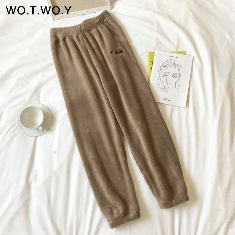 WOTWOY цветные зимние брюки-карандаш, женские свободные плотные теплые брюки с эластичной резинкой на талии, женские домашние белые красные бархатные Harajuku