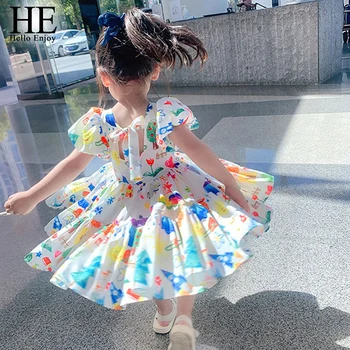 

HE Hello Enjoy Baby Girls Dresses 2020 Summer Kids Short Sleeve Cartoon Print Tutu Princess Dresses Kids Children Clothing