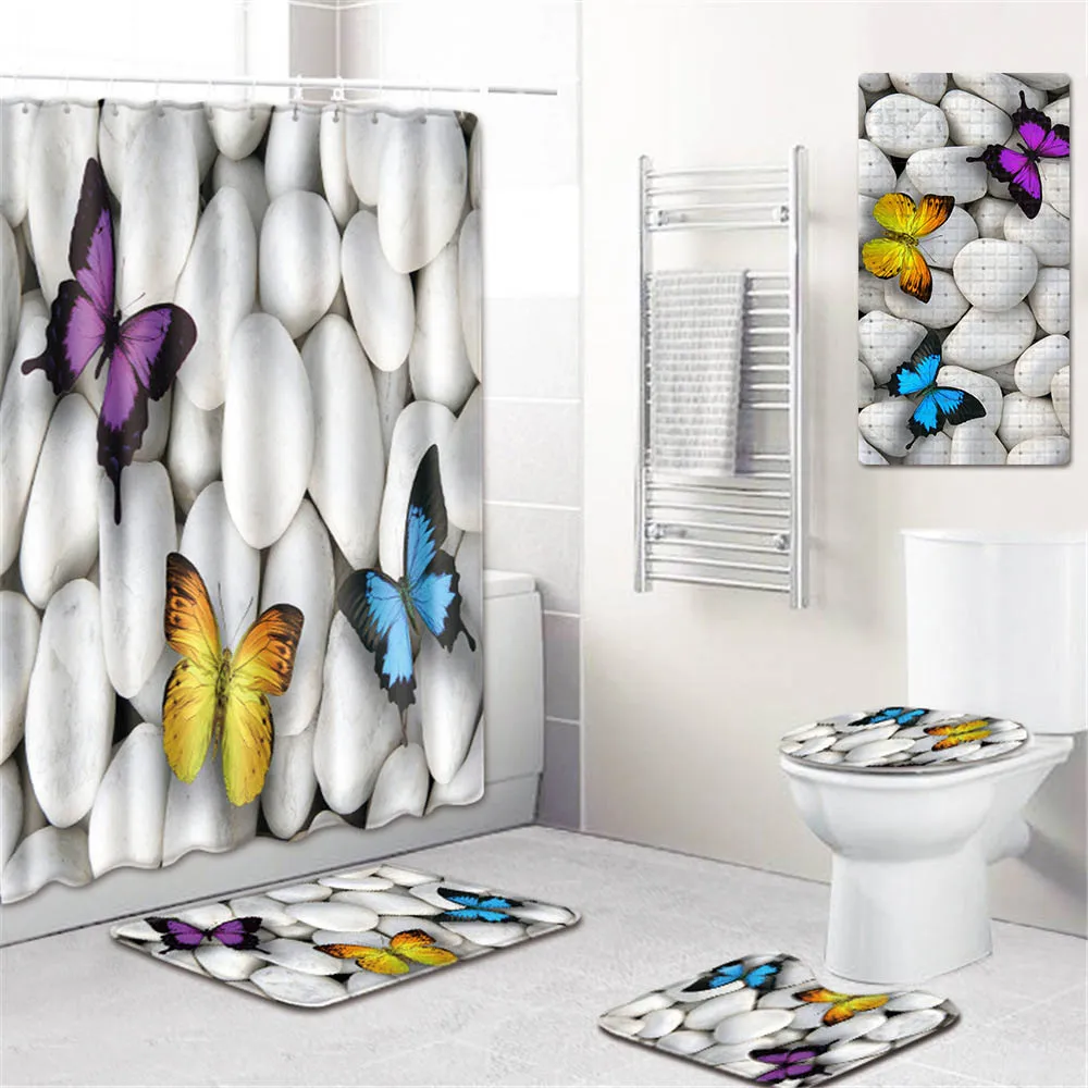

5pcs/set 3D Print Stone Polyester Bathroom Shower Curtain Anti-slip Bath Mat Carpet Pedestal Rug Toilet Seat Cover Pad Home Deco