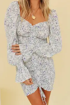 

2019 Autumn V-neck lotus leaf long sleeve small floral printing slim drawstring dress for women