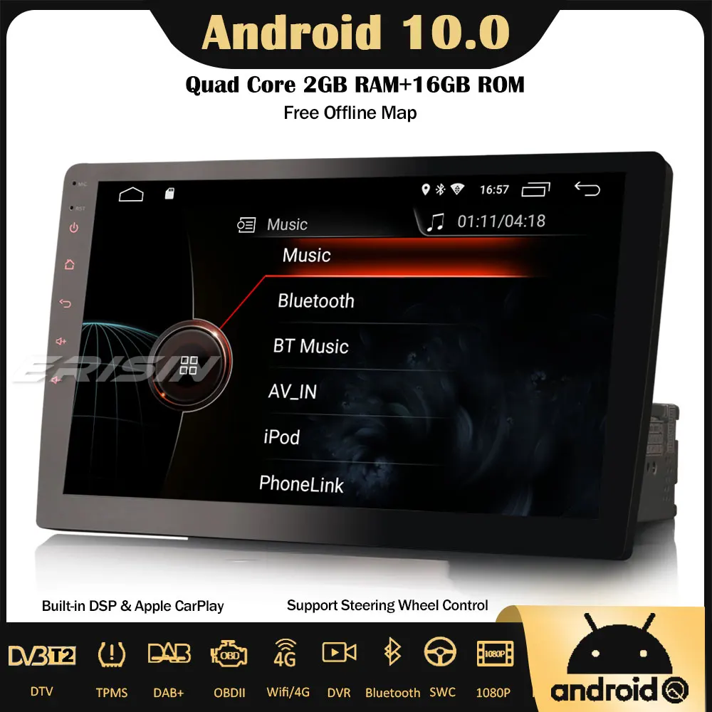 Erisin 4210 10 1 "Вращающийся Din Android Авторадио DAB + CarPlay GPS TPMS OBD Wifi Navi USB DVR Bluetooth