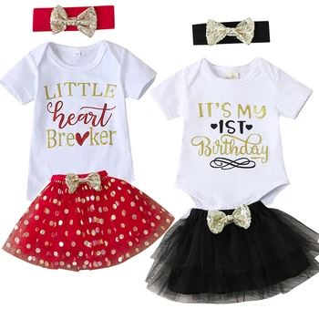 

Summer 3PC Sets Newborn Baby Girl Letter Print Lace Polka Infant Dress Baby Girl Romper Sets T-shirt Bow Headband Outfits 24M 2T