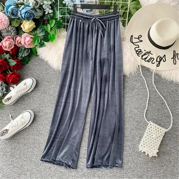 

2019 New Autumn Women Loose Gold Velvet Wide Leg Pants Female Plus Size Students High Waist Trousers cc1637