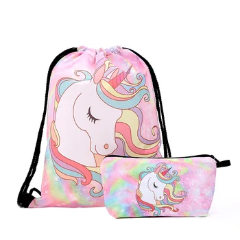 

2 pcs/set 3D Printed Unicorn Multifunctional Storage Bag Children School Backpacks Travel Cosmetic bag